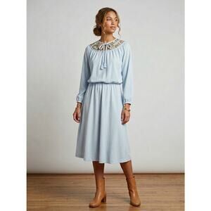 Vintage Handmade 1970s Pastel Blue Floral Cottagecore Blouson Midi Dress Small